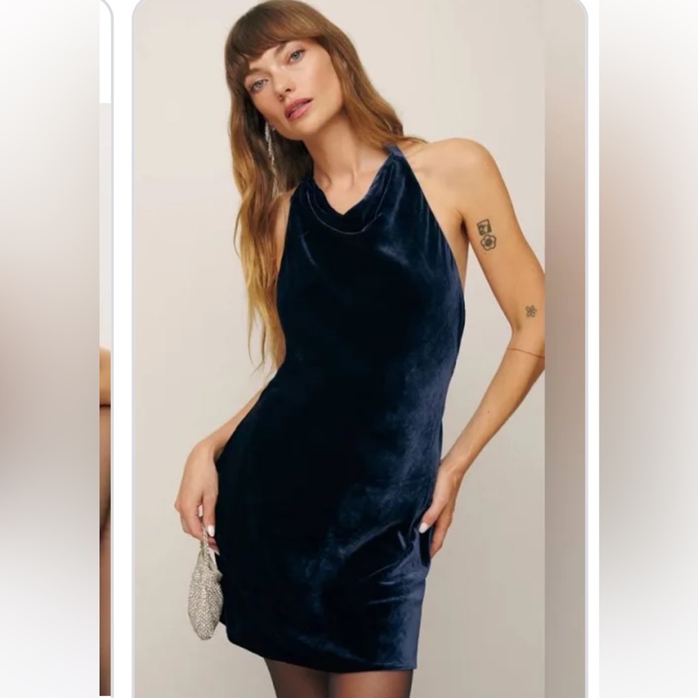 Reformation high neck mini dress blue velvet